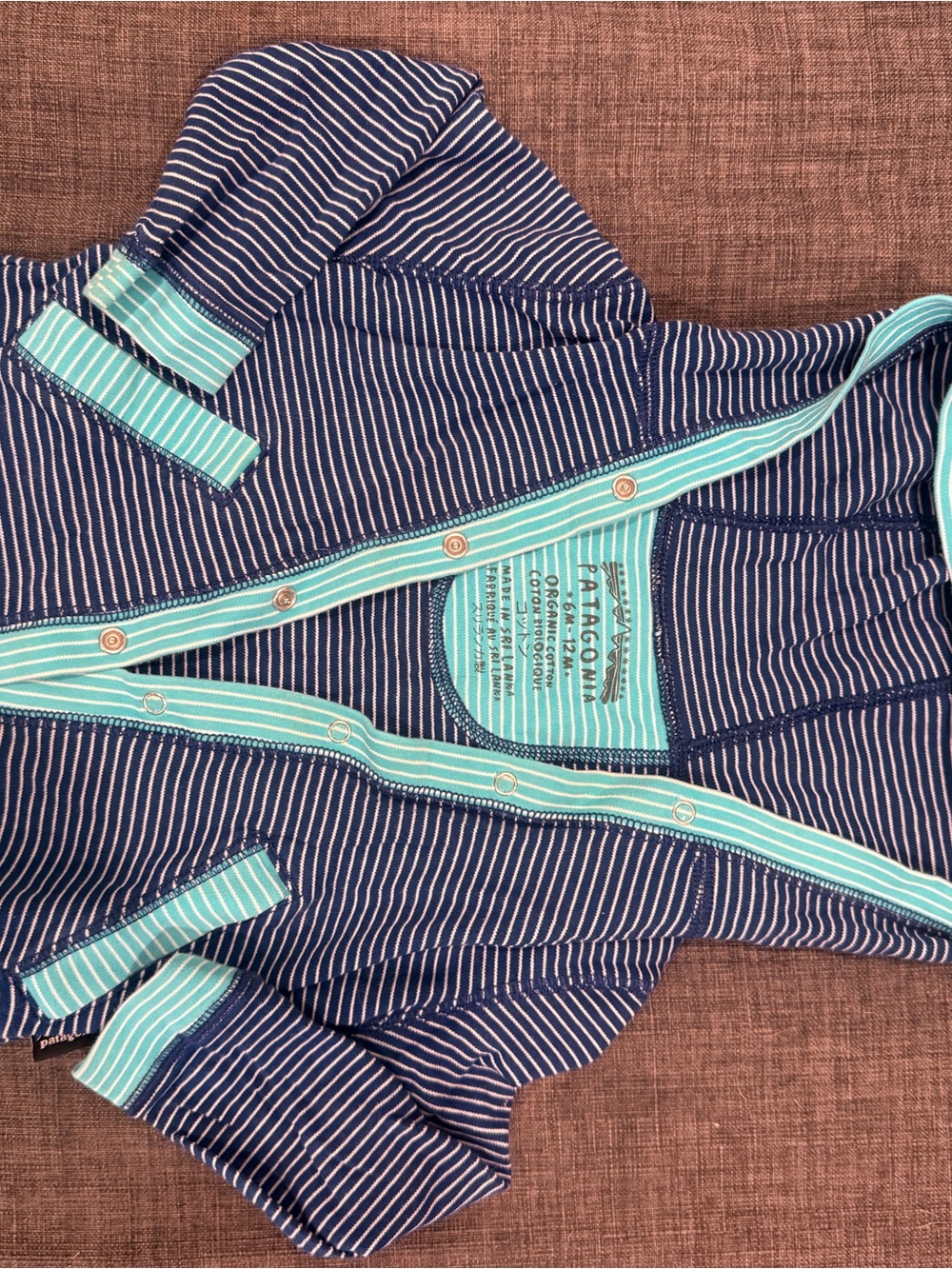 Patagonia Navy & Aqua Striped Kids Hooded Romper